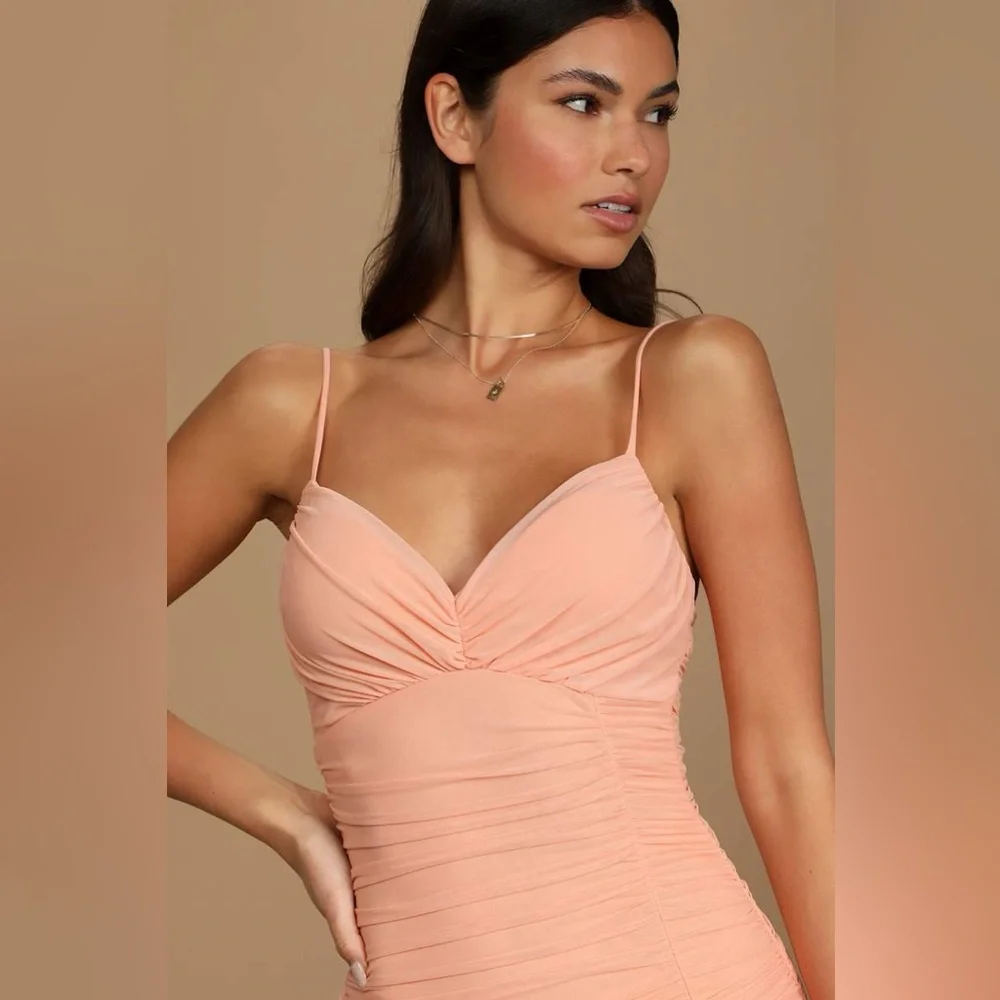 LULUS Got You Staring Peach Ruched Mesh Bodycon Mini Dress